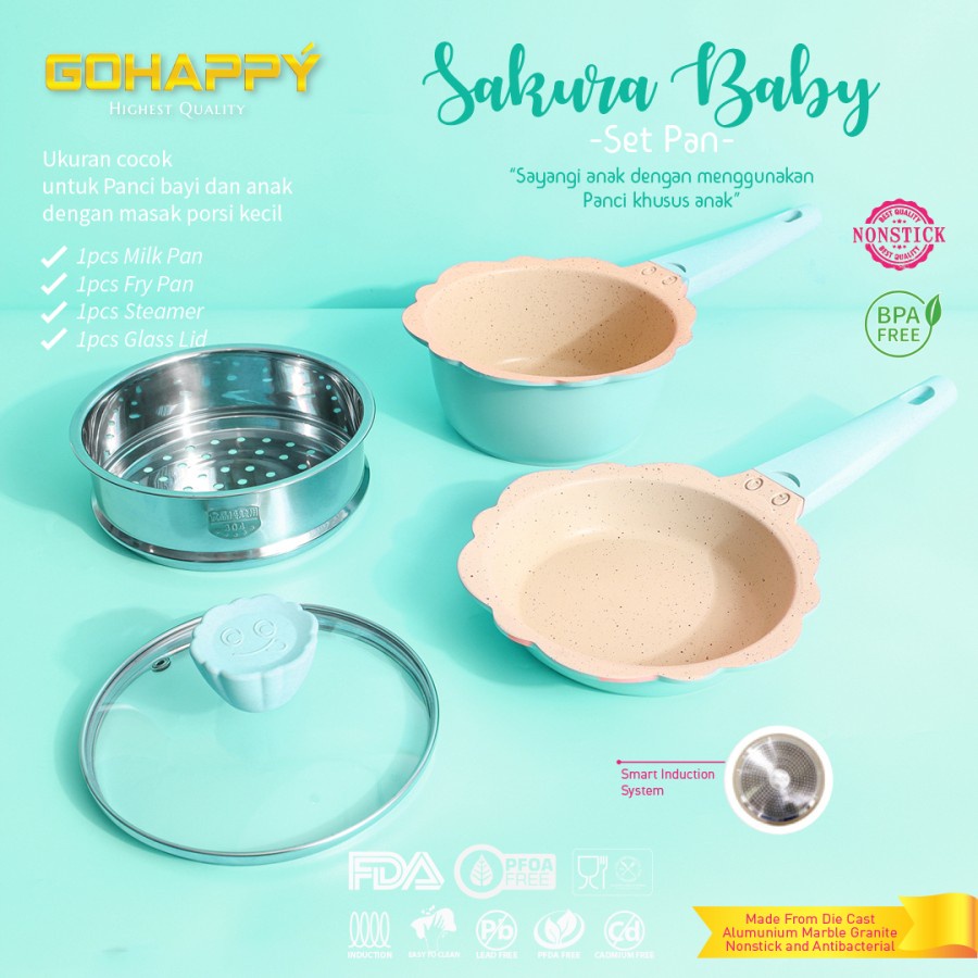 PANCI BAYI GOHAPPY - PANCI SET GOHAPPY Sakura Baby Pan Pink Peralatan anak bayi cookware set - Perlengkapan dapur Sauce pan Fry steamer- ANCI SET BABY FLOWER - WOK PAN FRYPAN PANCI SUSU MPASI BAYI - PANCI KUKUS BAYI - SAUCE PAN - MILK PAN - Panci Set