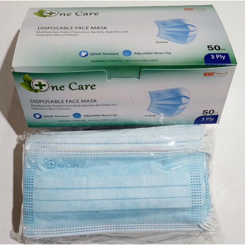 MASKER 3PLY ONE CARE EARLOOP BIRU ISI 50pcs ORIGINAL