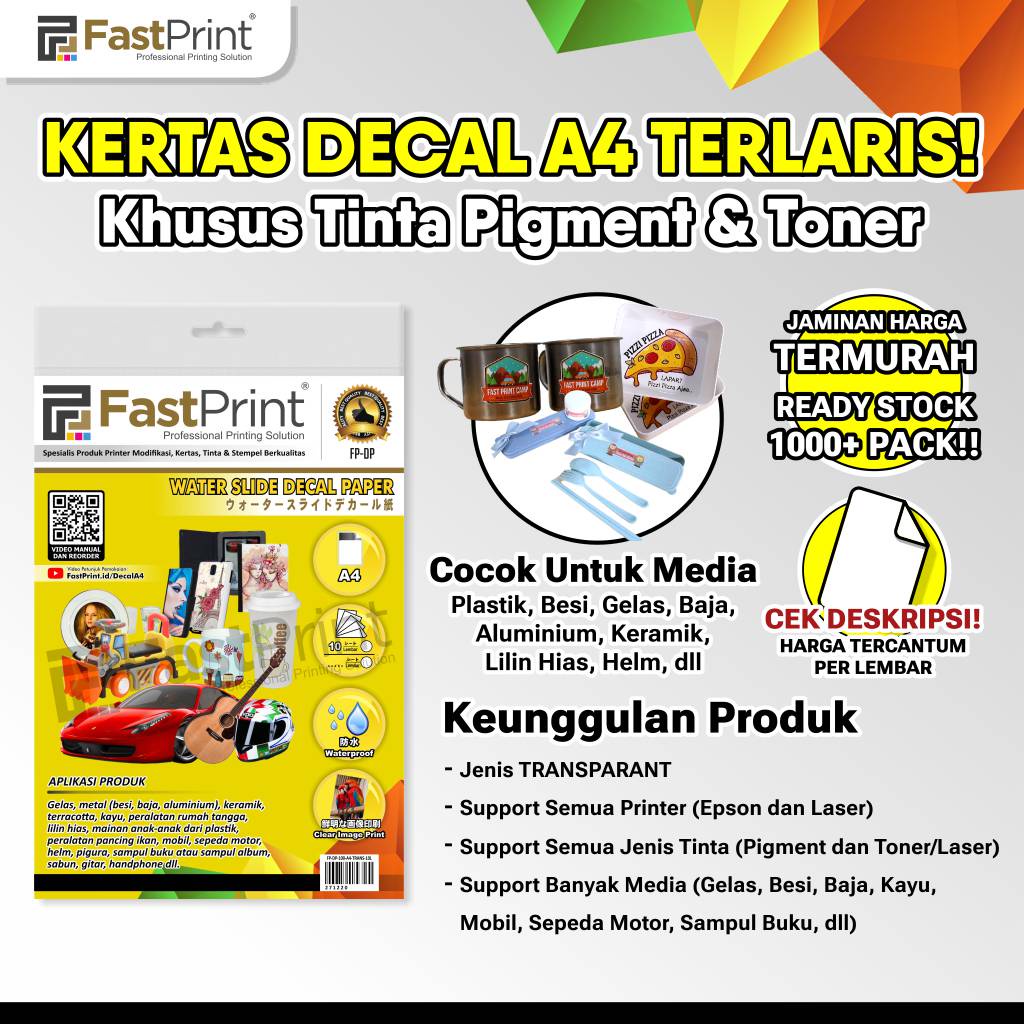 Fast Print Kertas Water Slide Decal Paper Transparant Ukuran A4 100 Gram