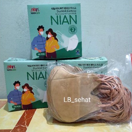 Masker Duckbill Dewasa Medis Earloop Niancare Warna Pastel Tan Brown Coklat Isi 50 Pcs 3 Ply