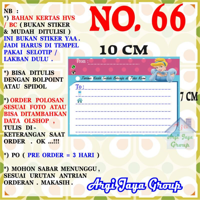 

Label Pengiriman Alamat Olshop Murah Nomer 66 - 10x7cm - Kertas BC (Manila)