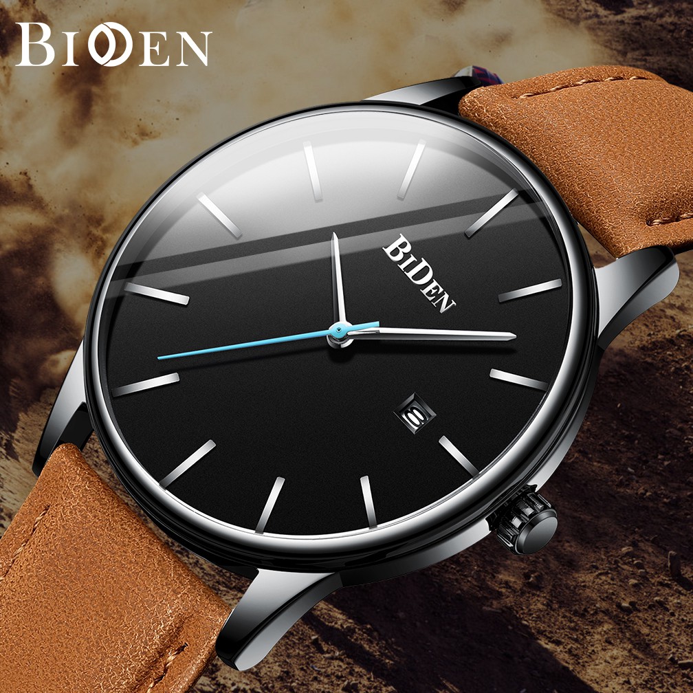 Original BIDEN Jam Tangan Pria Anti Air Santai Olahraga Kuarsa Jam Tali Kulit Otomatis Date Jam