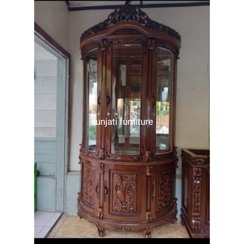 lemari hias setengah lingkar pintu 3 jati