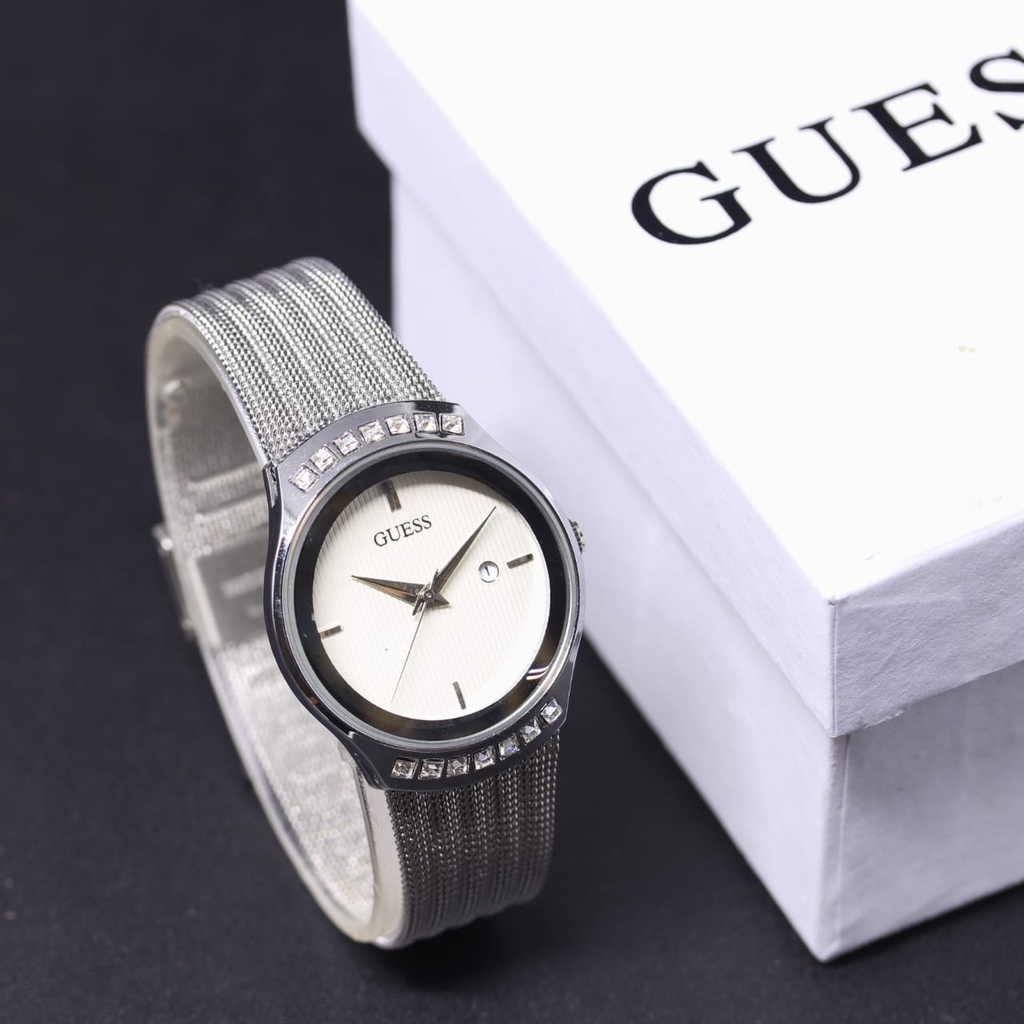 Jam Tangan Wanita Fashion E3100V Tali Rantai Pasir Tanggal Aktif Free Box Exclusive &amp; Baterai