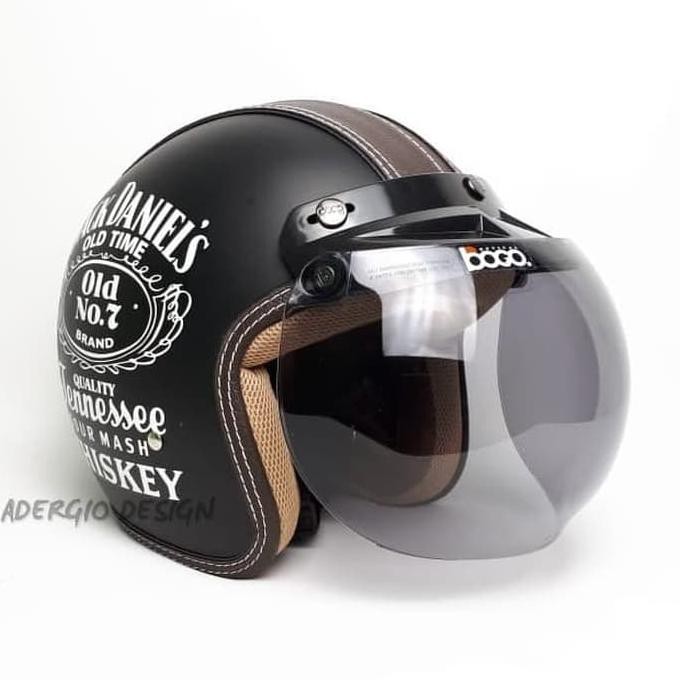 ❤️ NEGO HELM RETRO CEWEK DEWASA❤️ HELM BOGO KACA BOGO ORI MOTIF JACK DANIELS HITAM DOFF SEMI