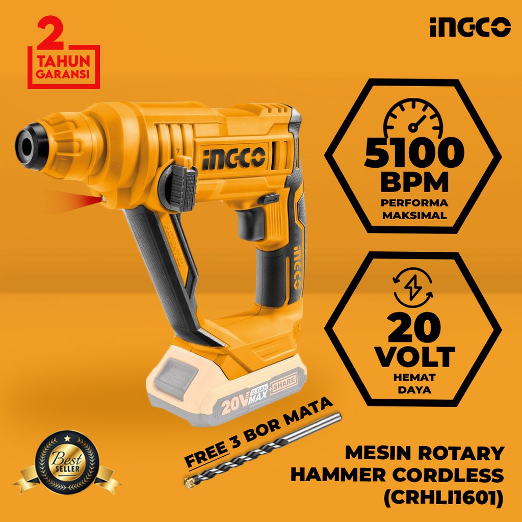 MESIN ROTARY HAMMER CORDLESS 20V INGCO /  MESIN BOR BETON / MESIN BOR BOBOK TEMBOK CRHLI1601