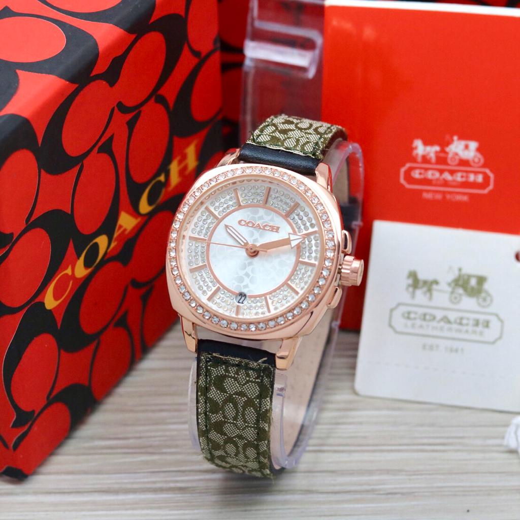 JAM TANGAN WANITA COACH O90 TALI KULIT TANGGAL AKTIF BODY PERMATA DM 3.5CM FREE BOX  || JAM TANGAN FASHION WANITA COACH