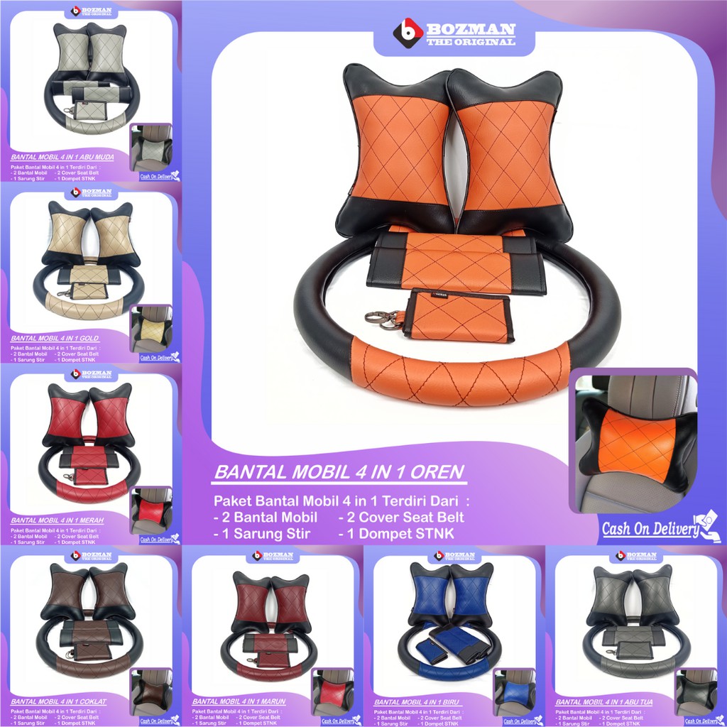 Set Bantal Mobil 4 in 1 Bantal Mobil Seatbelt Sarung Stir Dompet STNK Premium