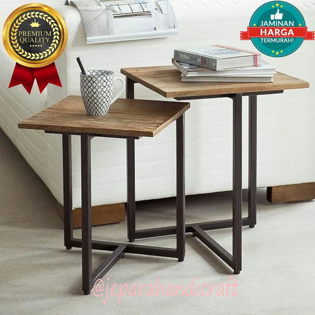 Meja Tamu Samping Besi Kotak Minimalis Kayu Jati Jepara