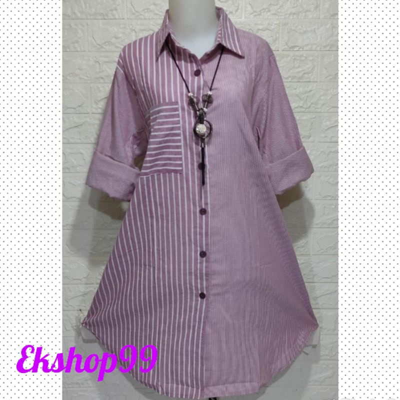 Tunik salur kombinasi Tunik katun pakaian wanita lengan panjang