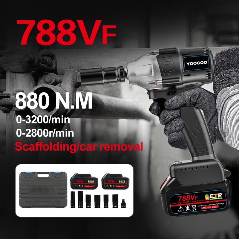 788VF Tools Cordless Wrench ( Alat Listrik Profesional) 880 Nm Torsi Kunci Listrik Tanpa Kabel Kunci Pas Isi Ulang Kunci Pas Fungsi Dengan Baterai /LED