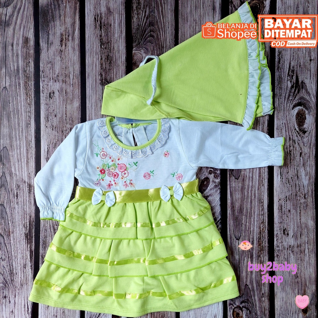 Baju lebaran bayi set gamis panjang dengan jilbab motif Polkadot/Bunga Baby Flower