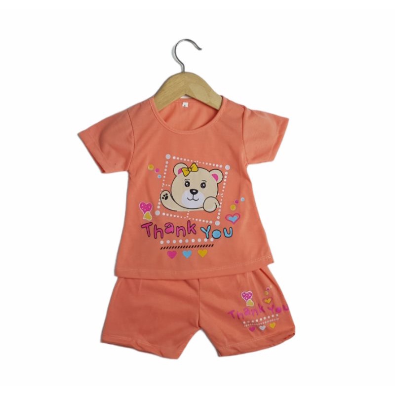 SETELAN ANAK SIKUNING PAKAIAN BAJU ANAK PEREMPUAN MOTIF THANK YOU BEAR CELANA PENDEK BAJU PENDEK