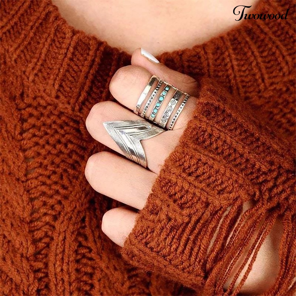 Twowood Multilayer Wide Turquoise Decor Women Ring Symbols Pattern Hollow Bohomia Joint Ring Jewelry Accessaries