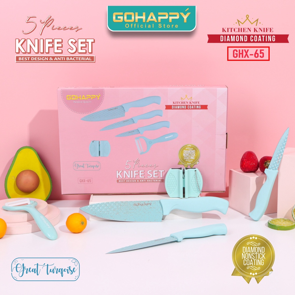 Pisau Diamond Pastel Cut 5 in 1 set Pastel PREMIUM 5in1 pisau dapur masak pengupas potong-Beautiful Pink or Great Turqoise- Pisau Keramik Pastel Pisau Stainless