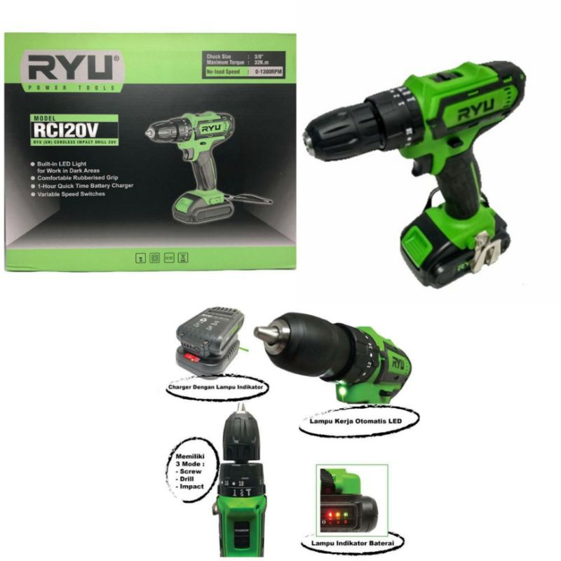 RYU CORDLESS DRILL IMPACT 20V MESIN BOR RYU RCI 20V
