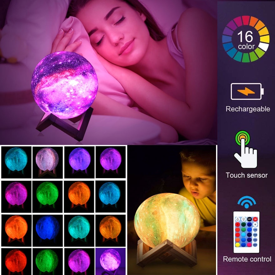 Lampu Meja Pajangan Meja 16 warna dengan Remote lampu emergency mati lampu lilin Tidur 3D Galaxy Bulan Planet Night Light Lamp 16 Color Moon Lamp Galaxy Lamp LED 3D Moon Light Lava Lamp, Star Lamp Moon Night Light Gifts Birthday Gifts Hadiah ulang tahun