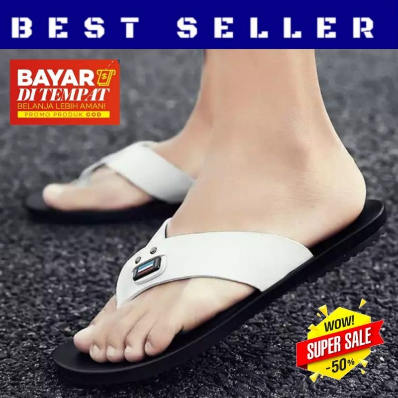 BELI 1 GRATIS 1 / Sandal Kulit / Sandal Pria / Sandal Slide / Sandal Casual Pria/ Sandal Slop AM-04-Combat Putih