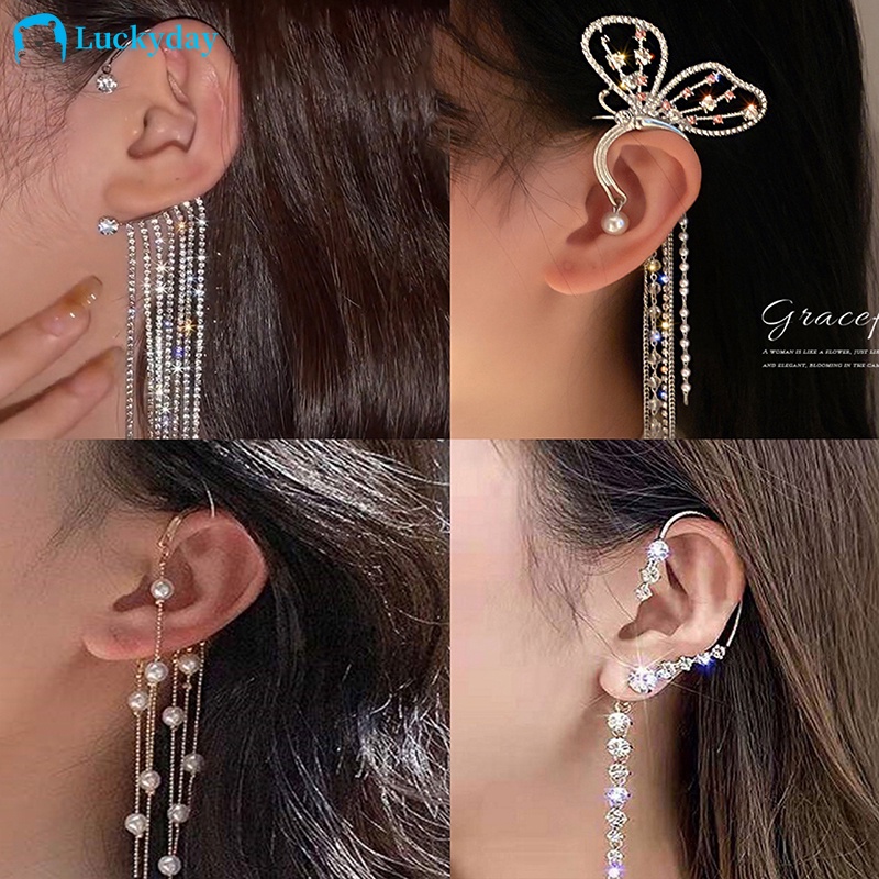 YEEZII Anting Kait Gantung Desain Kupu-Kupu / Bintang / Bulan Hias Kristal / Mutiara Warna Gold / Silver Untuk Wanita