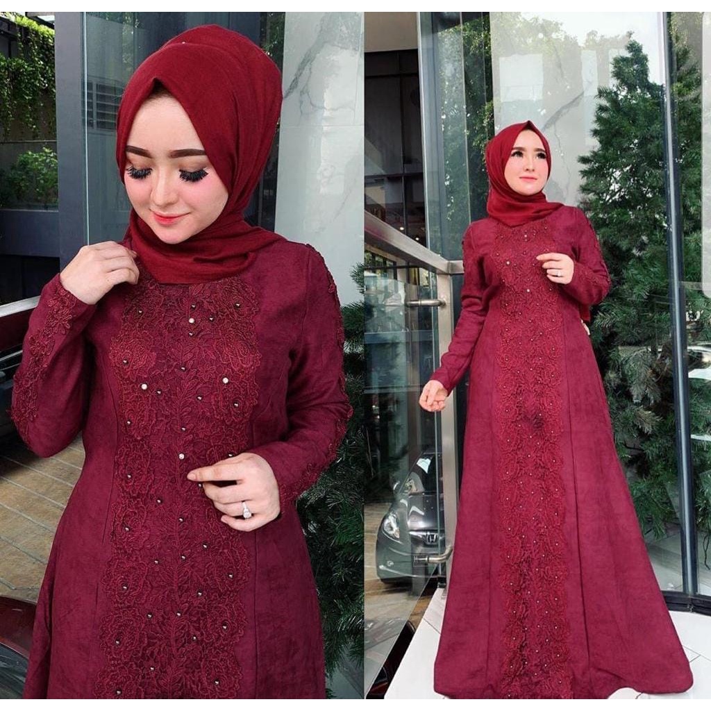 XC - Dress Brokat Linken / Dress Maxi Jumken / Fashion Muslim Model Brukat Idul Fitri-Maroon