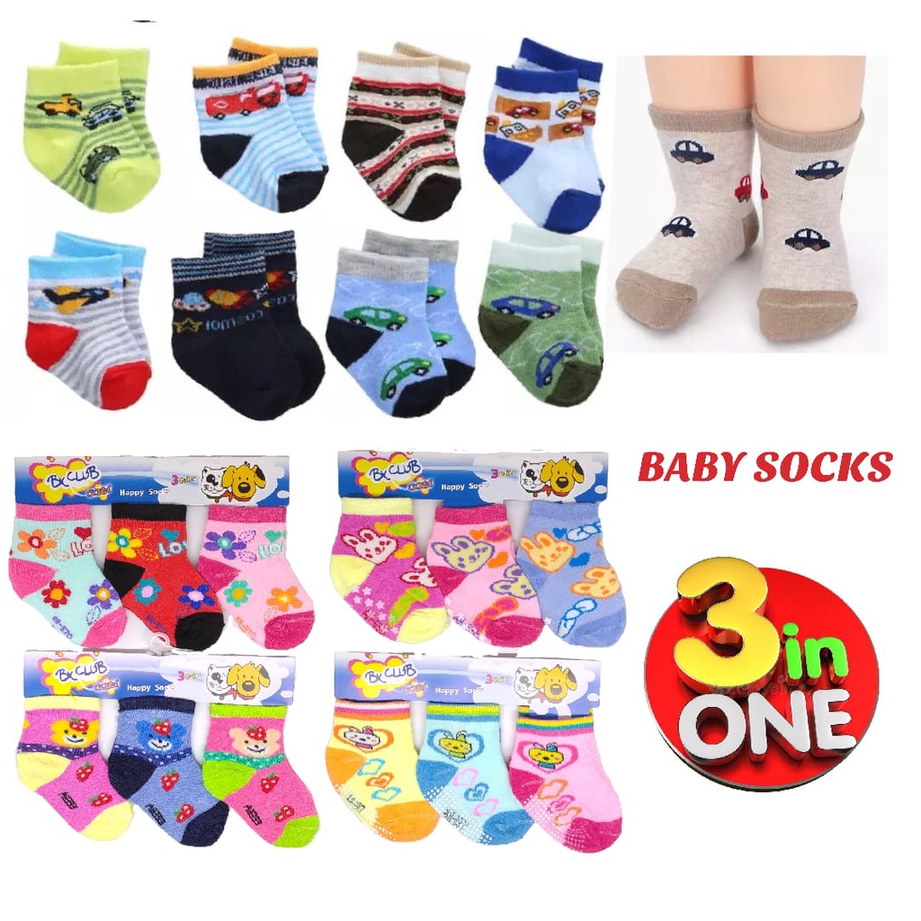 kaos kaki Bayi 3in1 (isi 3 pasang) kaos kaki bayi motif karakter lucu laki laki perempuan anti slip dan tanpa anti slip / baby socks import SNI murah