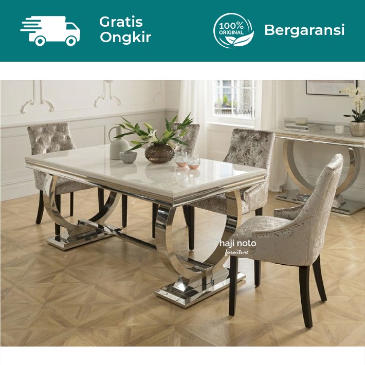 Set Meja Makan Marmer Italy 4 Kursi - Elegan Minimalis - Kursi Makan Stainless