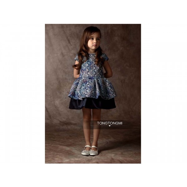 Dress Anak Warna Biru Dongker Gaun Anak Perempuan Motif Bunga Bunga Baju Pesta Anak Cewe Impor