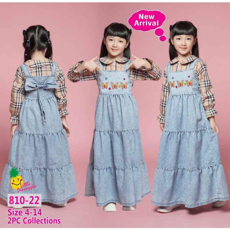 (LP. 810-22) LITTLE PINEAPPLE Overall Jeans + Blouse Bluberry Size : 4-8th