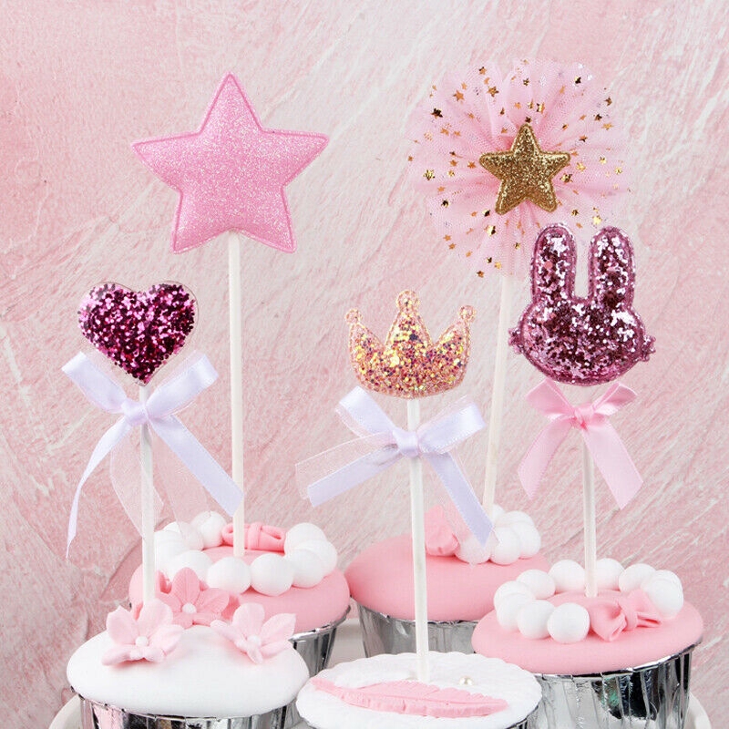 5pcs / set Topper Kue Bentuk Bintang Hati Mahkota Warna Pink Untuk Dekorasi Pesta Ulang Tahun Anak