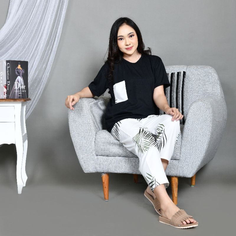 Baju Tidur Piyama Wanita/Cewek Dewasa CP Oblong Celana Panjang Kombinasi Kekinian-CP OBLONG BC.W BLACK
