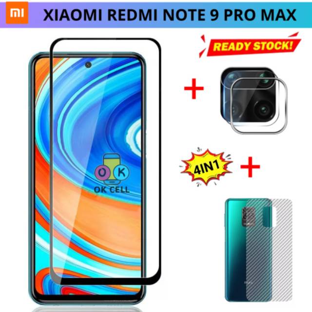 4in1- Xiaomi Redmi Note 9 Pro Max TG Tempered Glass Layar Ring Kamera Skin Carbon Anti Gores Cover