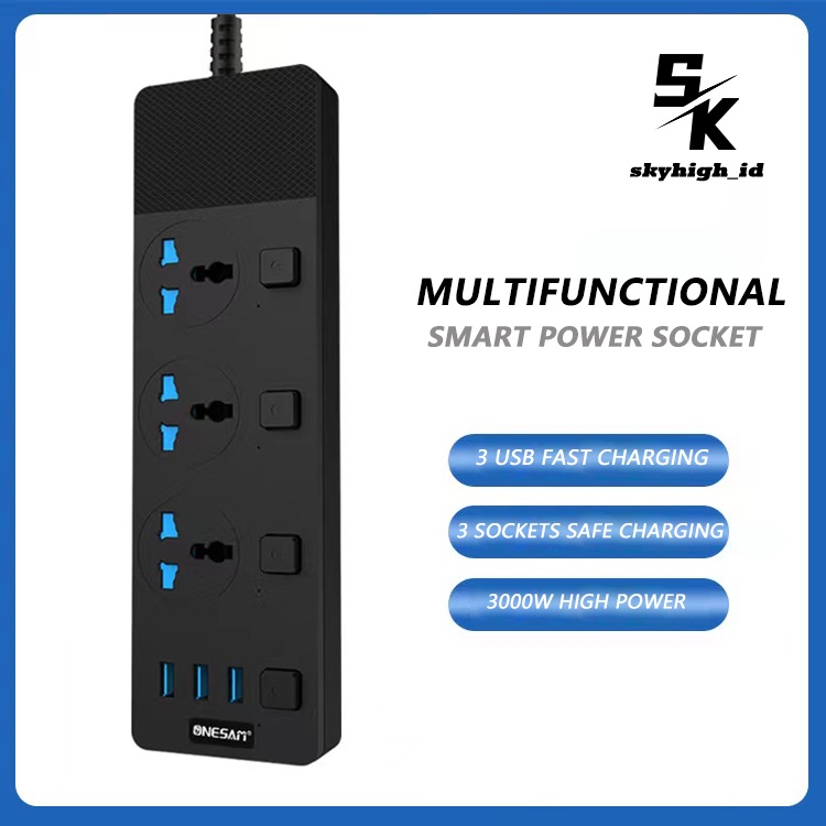 【WT006】Skyhigh T11 Power Strip Colokan Listrik / Stop Kontak 3 USB Port +3 Lubang Socket +1 Tombol Power On Off 3.1A 3000W