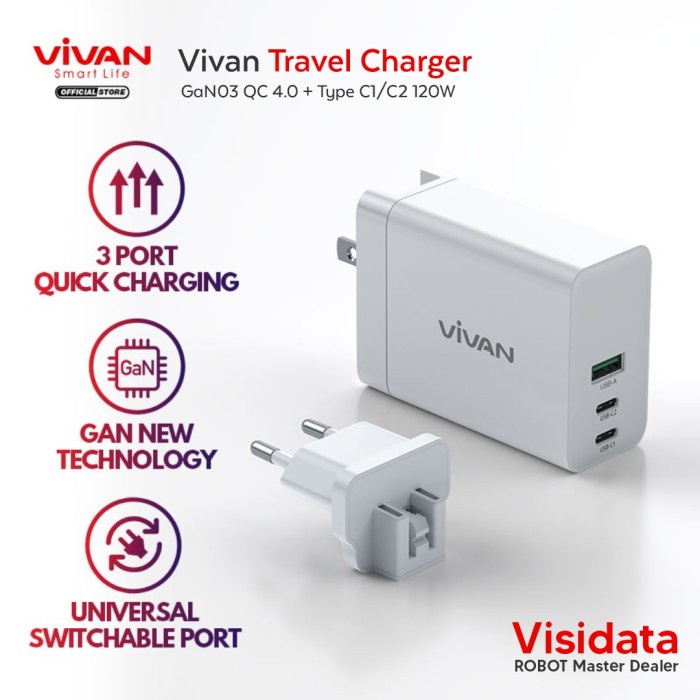Universal Adaptor - Vivan Universal Travel Charger Gan03 Quick Charge 4.0 3 Port 120W
