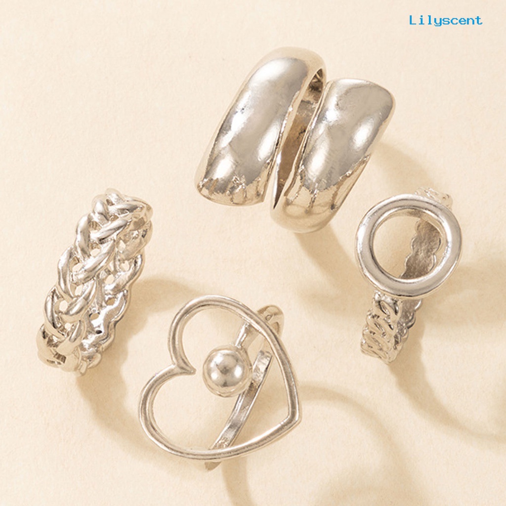 4pcs / Set Cincin Jari Bentuk Hati Geometris Model Terbuka Bahan Alloy Untuk Pesta