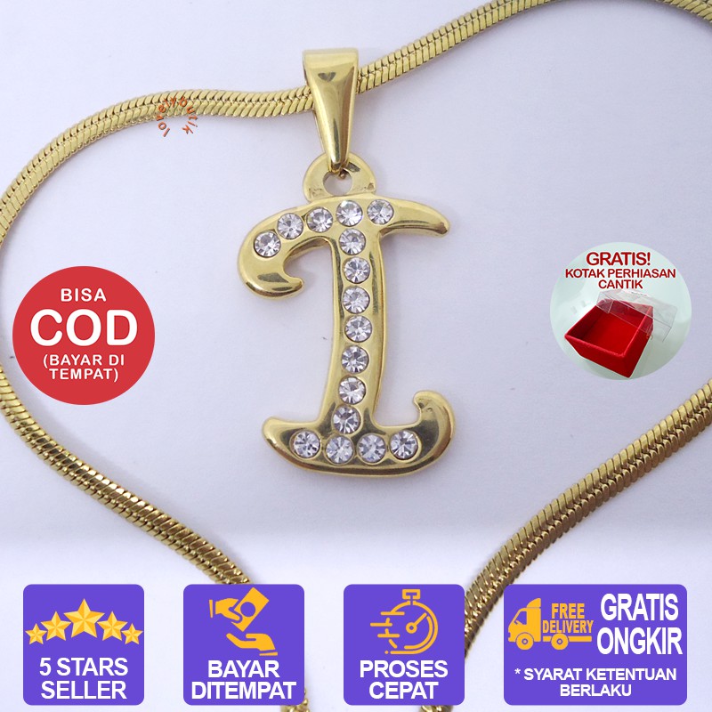 Lovelybutik Honey Kalung Huruf Titanium Anti Karat Inisial I Uk 45 cm BONUS KOTAK PERHIASAN