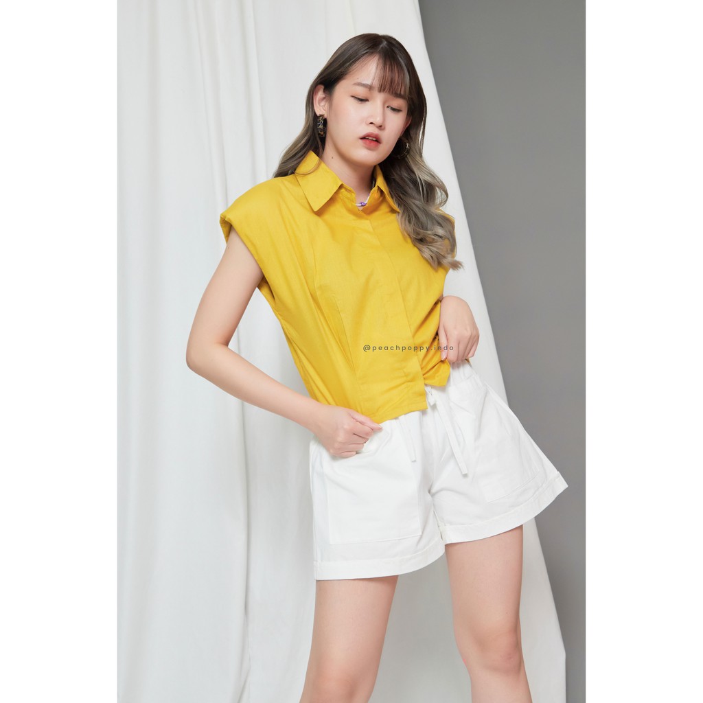 Korea Women Muscle Tank Shoulder Pad Top Atasan Wanita Polos Tanpa Lengan - Ulla Top Lemon