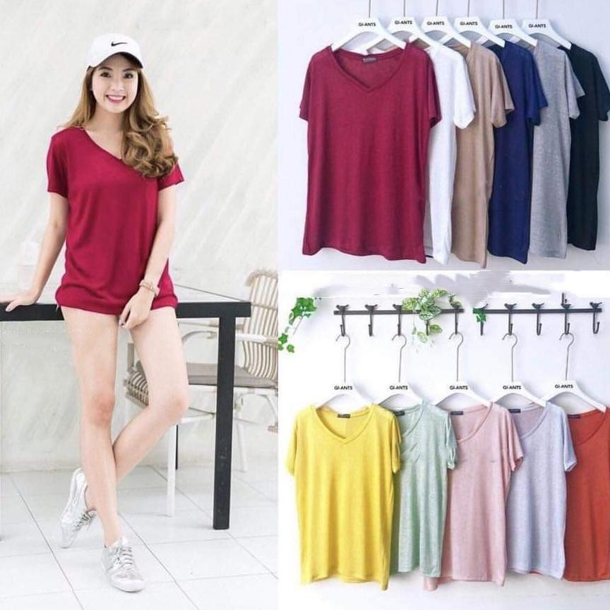 Rare Item>.,mgu-395  MFcollection - KAOS WANITA | TSHIRT VNECK POLOS OVERSIZE FIT TO XXL