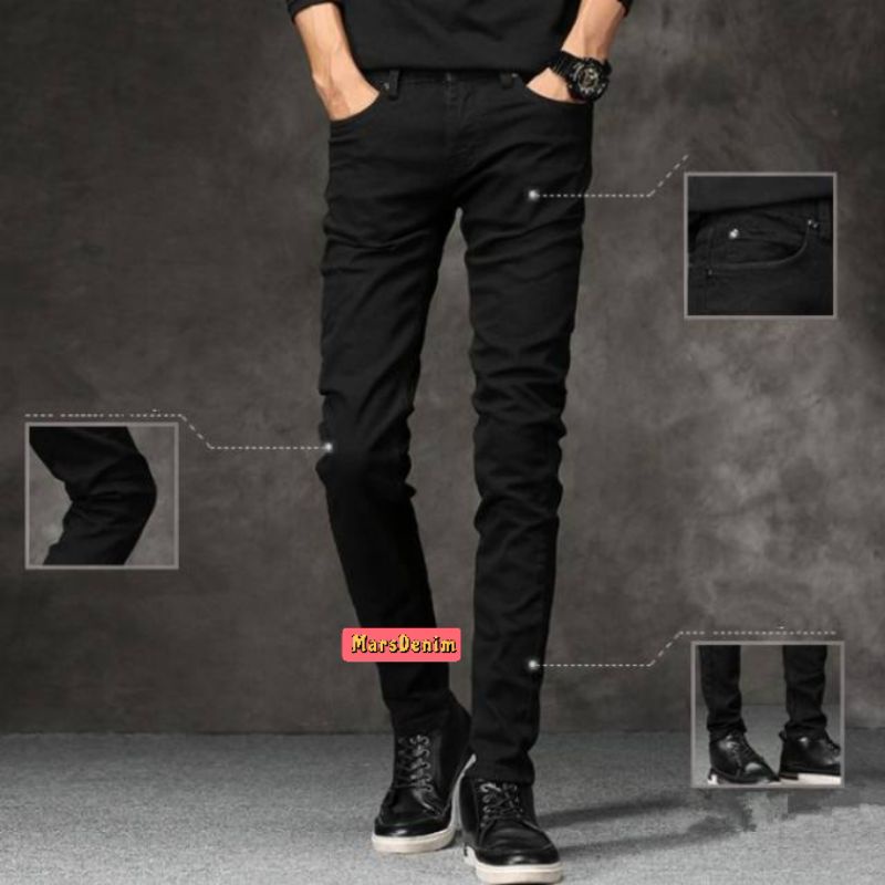 CELANA SOFT JEANS PENSIL SLIMFIT SKINNY MELAR PRIA COWOK HITAM PREMIUM