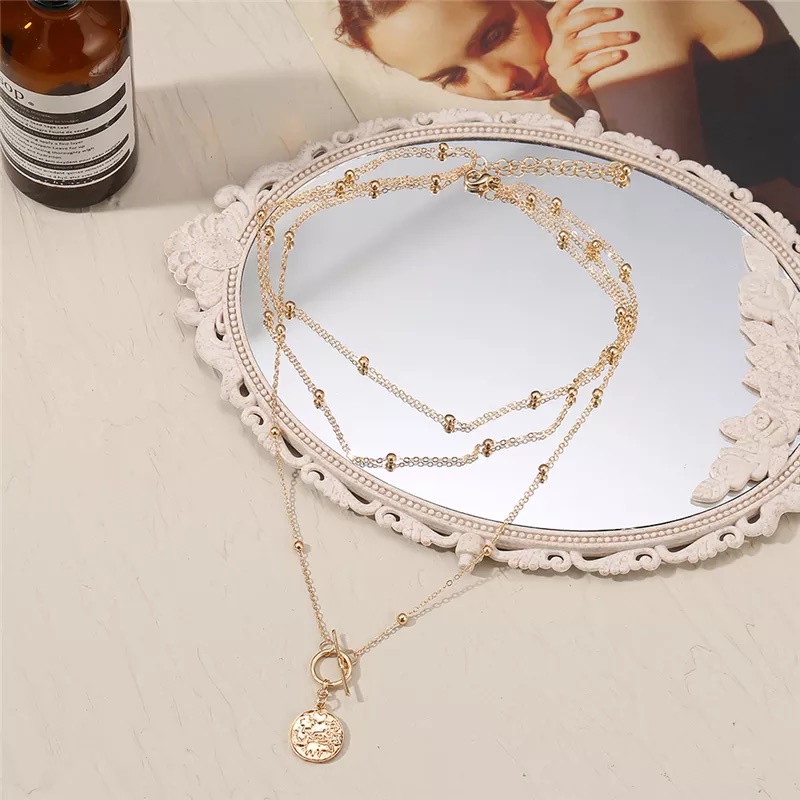 Kalung Multilayer 3 Layer Rantai Koin Ratu Vintage Lapis Emas Fashion Korea Dalika