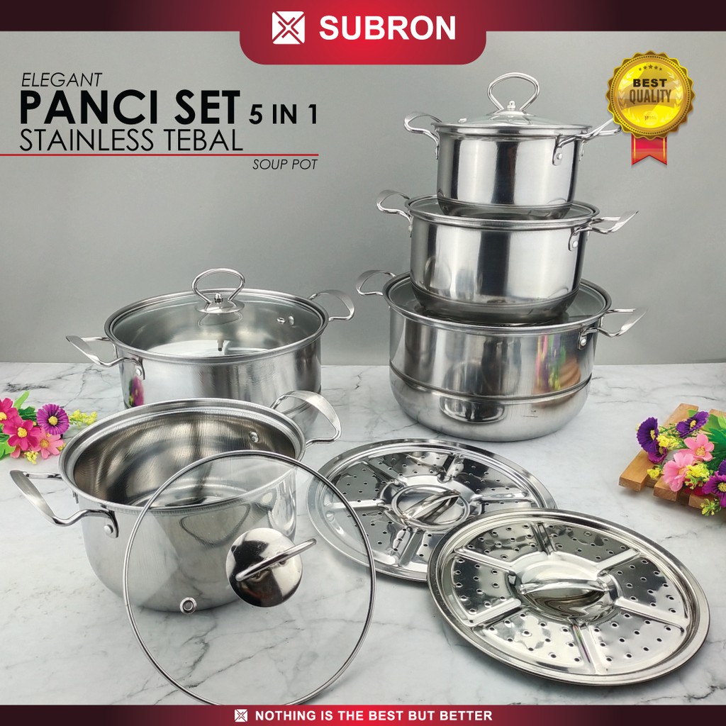 SUBRON Stock Pot Set Panci Tinggi Soup Tutup Stainless 5in1 + Steamer