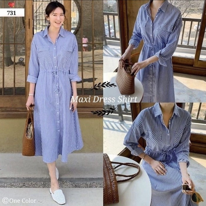 SHIRT DRESS IMPORT MAXI 731F / PAKAIAN WANITA TERUSAN / MIDI DRESS(D9Y5) casual dress santai MIDI DR