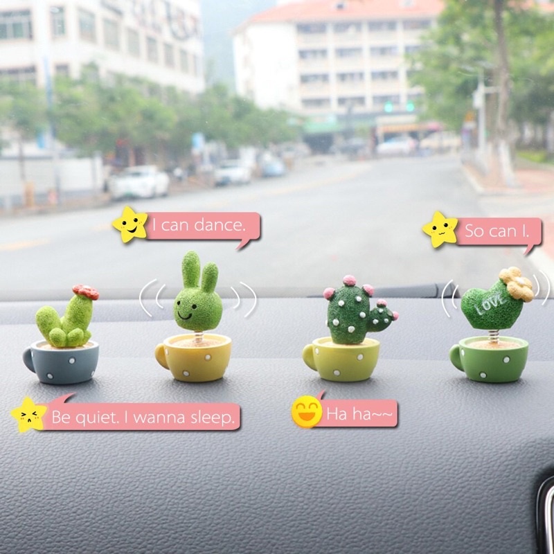 Pajangan Mobil Kaktus 4 in 1 Kepala Goyang | Bunga Pot  kartus Kaptus Model Lucu Dashboard Kaktus Cactus Per LOVE Edition Pajangan Goyang Per Mobil