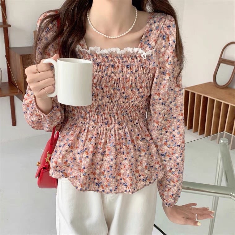 Atasan pinggang kemeja bahan sifon motif bunga korea