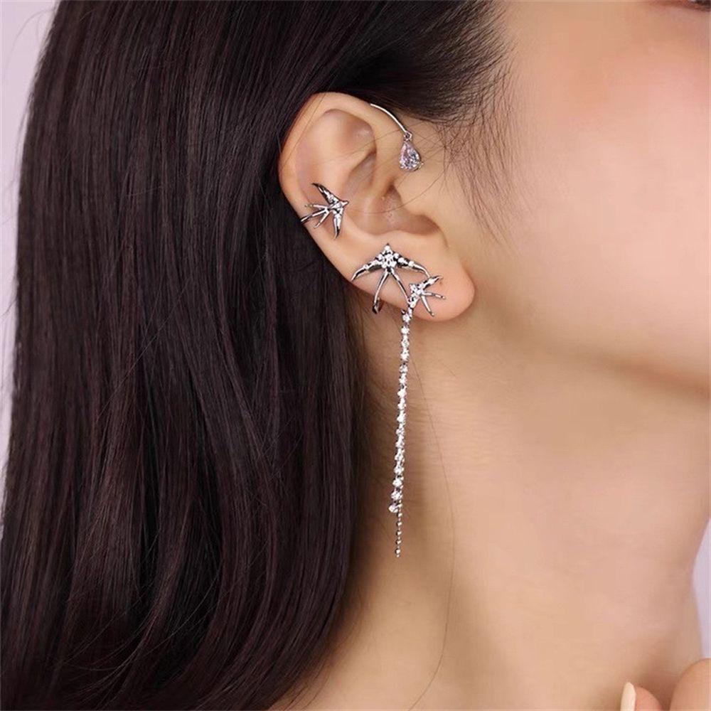 Mxbeauty Berlian Imitasi Rumbai Anting Perancis Keren Rantai Ada Lubang Telinga Fashion Perhiasan Walet Wanita Klip Telinga