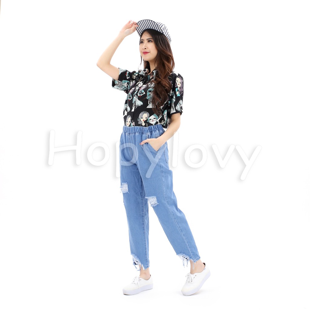 HOPYLOVY - Celana Boyfriend Jeans Wanita Pinggang Karet Sobek Ripped BF Charlie