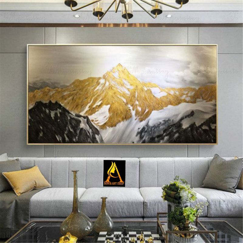 lukisan gunung emas 80x150cm plus bingkai lukisan dinding besar
