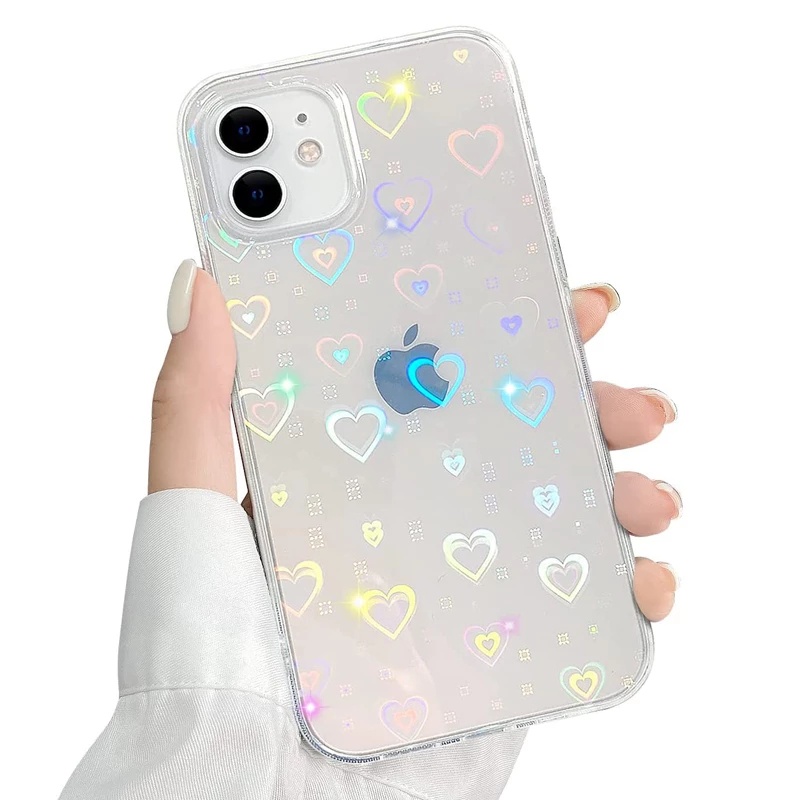 Case Transparan Motif Hati Warna Gradasi Laser Untuk iPhone 14 Pro Max 11 12 13 Pro Max X XS XR 7 8 Plus SE 2020