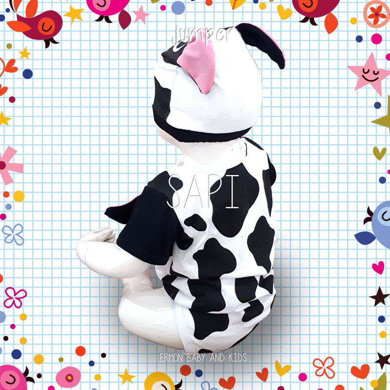 Ermon Baby - Jumper Bayi Laki Laki Perempuan Jumper Baby Cowok Cewek Lucu Karakter Sapi + Topi Usia 0 - 12 Bulan
