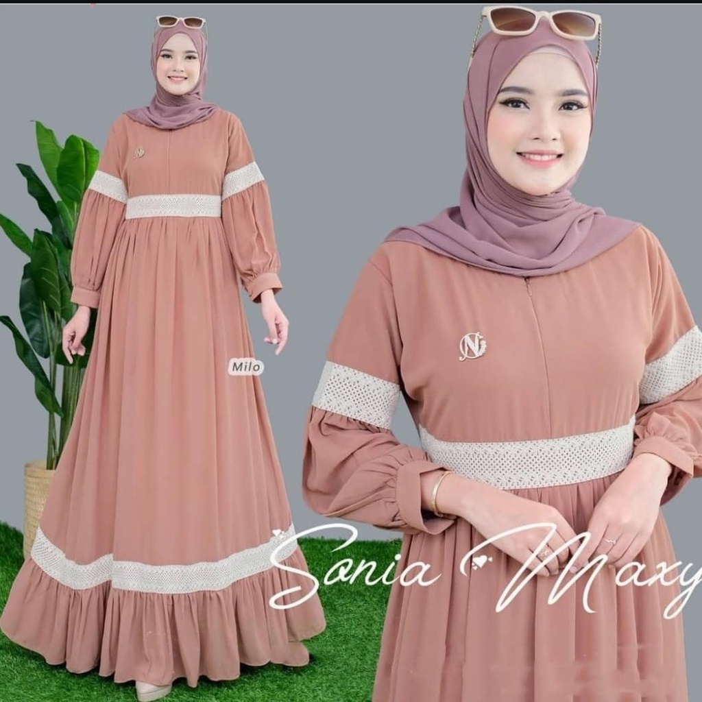 Baju Wanita Sonia Maxy / Dres wanita ceruty baby doll full puring / gamis polos mix renda / Gamis ko