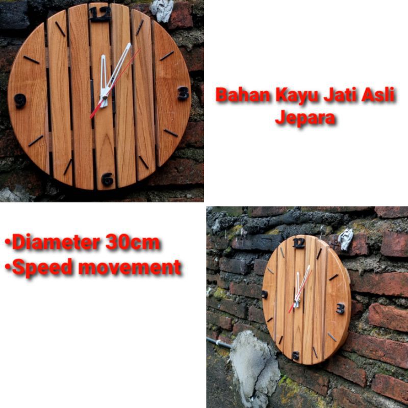 jam dinding desain setengah lingkar kanan kiri bahan dari kayu jati asli free finishing